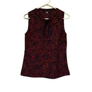 Tommy Hilfiger Black & Red Leaf Pattern Sleeveless V-Neck Front Tie Blouse